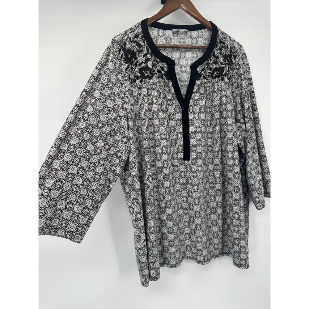 Embroidered 3/4 Sleeve Geometric Blouse Cottage Boho Coquette 3X stretch comfort
